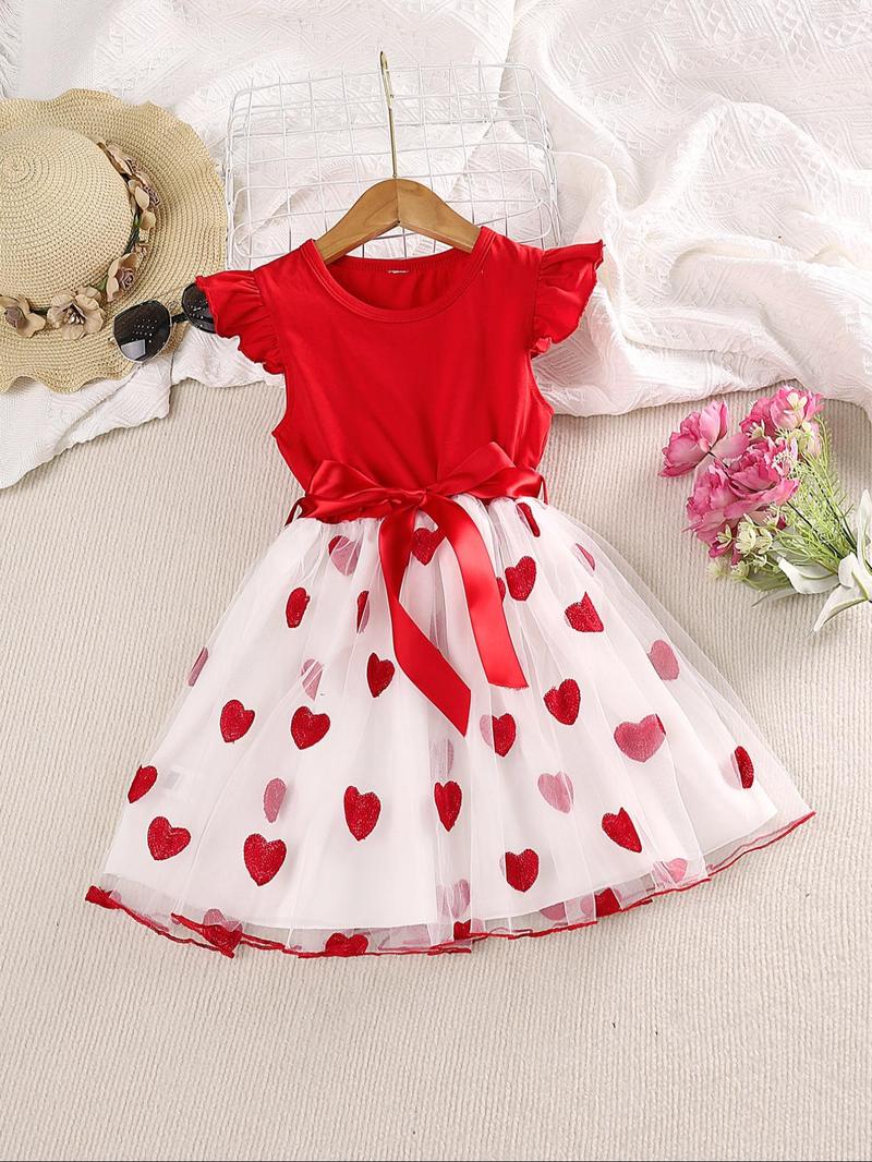 Product Introduction of Girl's Heart Print Bow Front Lettuce Trim Knee Length Dress, Cute Butterfly Cap Sleeve Ruffle A Line Dress for Party Holiday Wedding Guest, Kids Summer Clothes 1