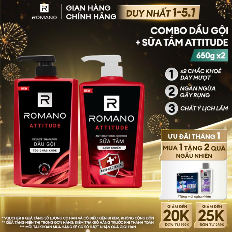 DUY NHẤT 1-5.1 ĐƠN 199K TẶNG 2 QUÀ Combo Dầu Gội Và Sữa Tắm Dưỡng Thể cho nam Romano Attitude 650g chai Hương Nước Hoa Sạch Khuẩn