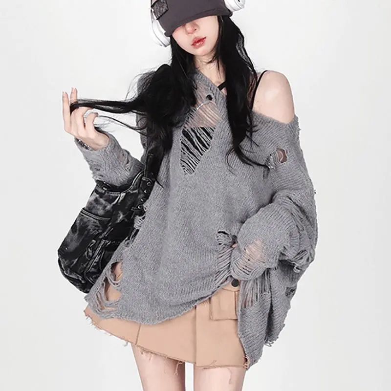 Yoohui ZZ070 Longgar Rongga Rajutan Lengan Panjang Pelindung Matahari Blus Sweter untuk Wanita/destroy sweater Warna Solid Robek Sweater Wanita Musim Dingin Niche Desain Pakaian Rajut Wanita tabir surya wanita  tipis longgar berongga panjang