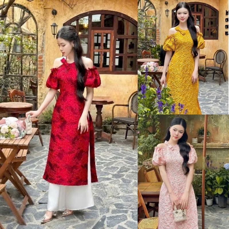  Sét Áo Dài Cách Tân Gấm Cổ Yếm Tay Bồng Rớt Vai Kèm Quần Dài Lụa Sang Chảnh Quyến Rũ Nữ Tính Sang Trọng Dễ Thương. Top Màu Đỏ Kem Women Màu Đen 