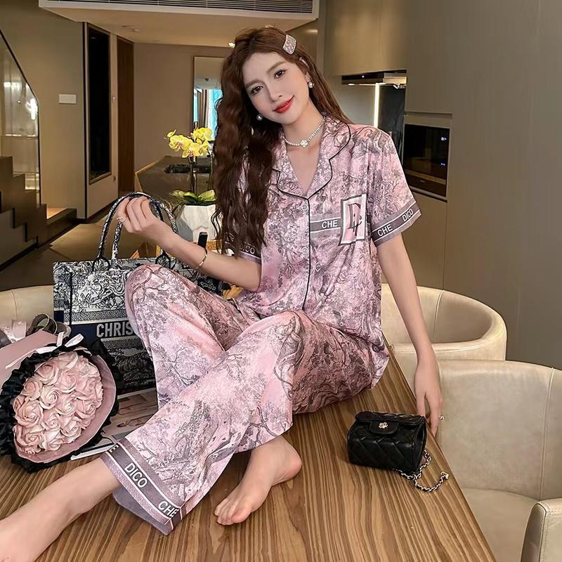 Piyama wanita kardigan sutra es baru yang dipakai di rumah dengan tinta set Celana Panjang Pendek Satin Atasan Setelan 0