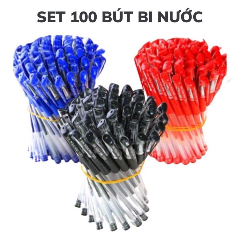 Sét 100 Chiếc Bút Bi Nước văn phòng 0.5mm mực đều nét chữ đẹp đủ màu xanh đen đỏ
