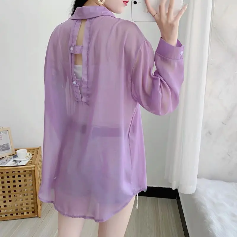 Ice Silk Sunscreen Shirts Women's Spring Summer Solid Thin T-Shirts Casual Beach Long Sleeve Button Cardigans Top Womenswear