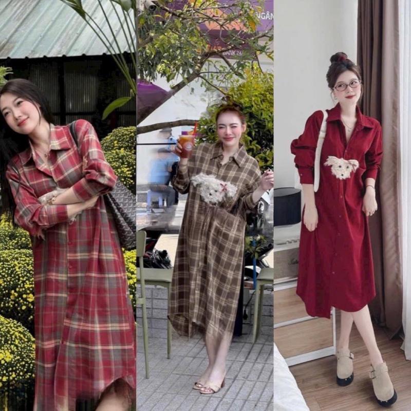 D11 XÃ KHO Váy Sơ Mi Dáng Suông Gấu Xù Nữ Nhung Voan Women Sen Kho Sỉ Bảo Ngọc Sò Dress