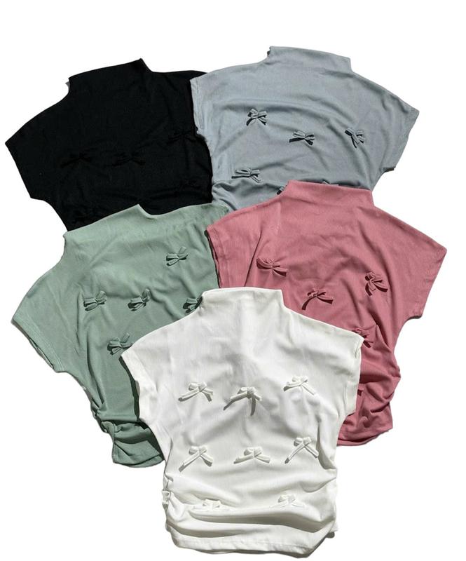 Áo thun cổ lọ đính nơ nhún eo hai bên ôm dáng