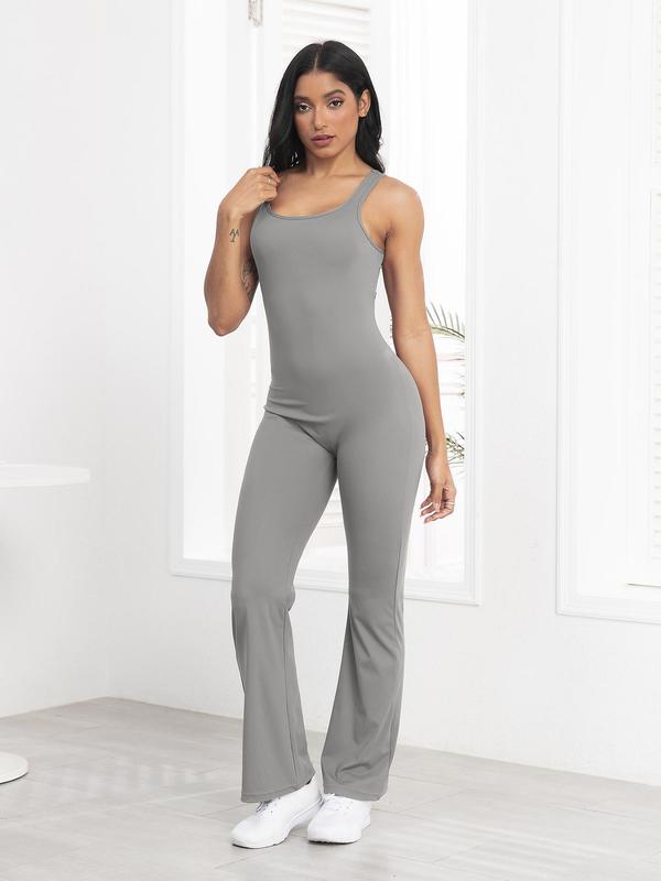 Women's Summer Plain Ruched Cut Out Sports Flare Leg Jumpsuit, Solid Scoop Neck Backless Sleeveless Bodycon Bell Bottom Jumpsuit for Yoga Gym Workout, Ladies Sportswear for All Seasons, Womenswear 1