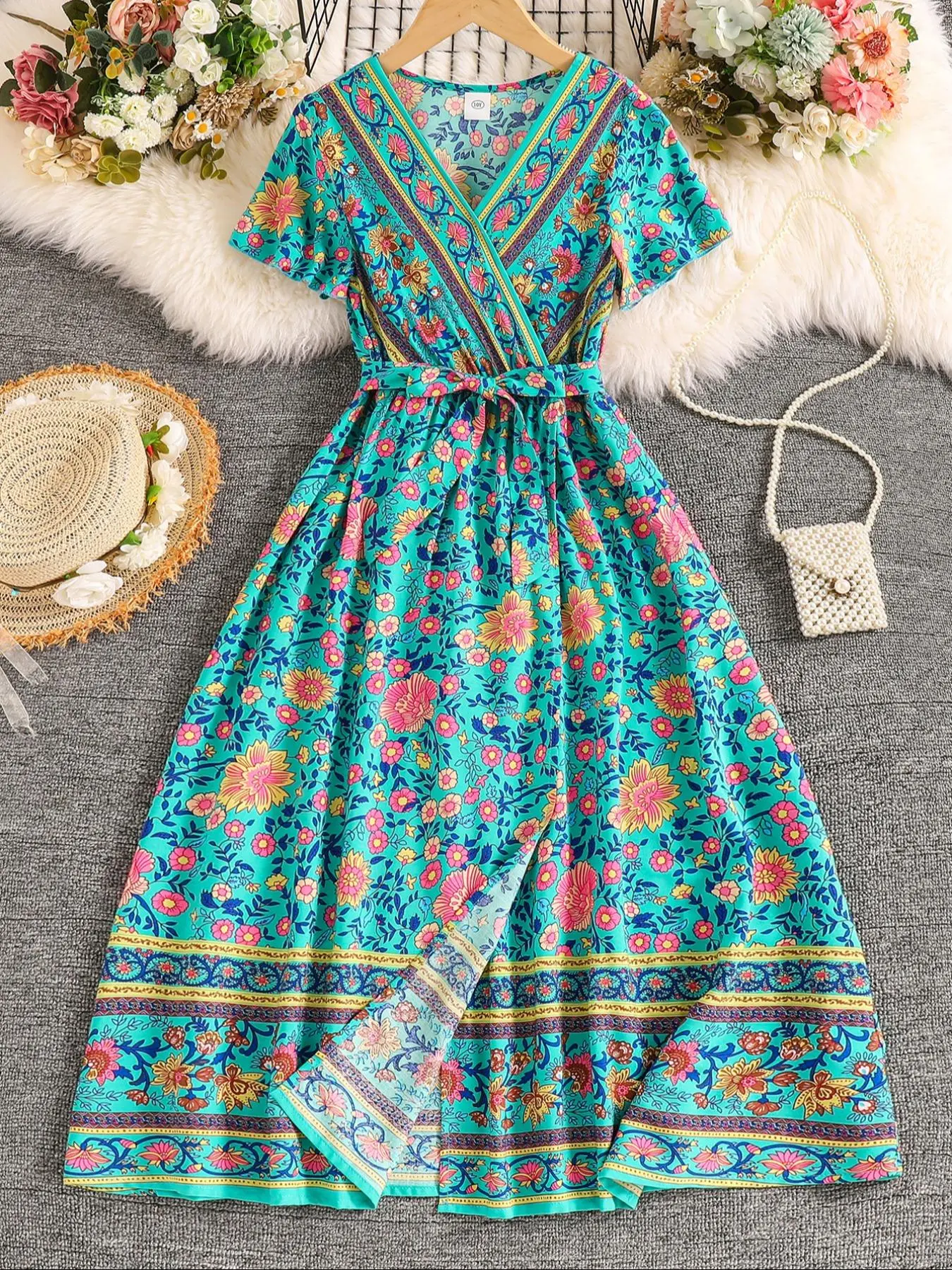 Girl's Floral Print Belted Sweater Dress, Casual Short Sleeve Round Neck Dress for Summer, Kids Clothes for Daily Wear