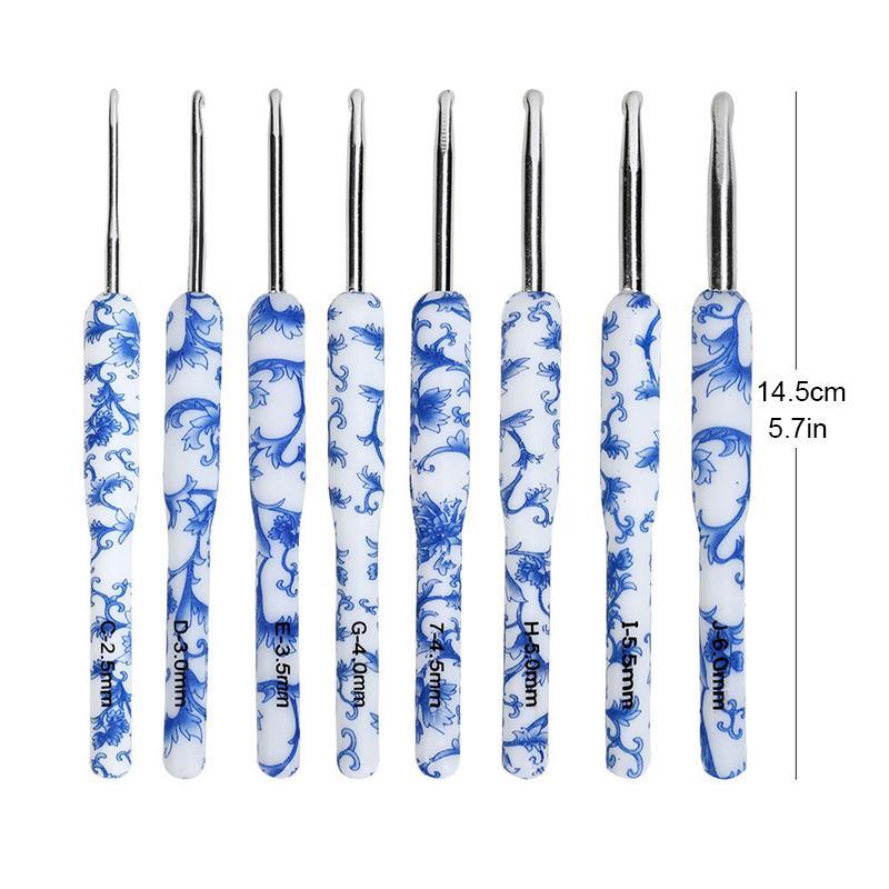 8pcs/set Blue and White Porcelain Pattern Crochet Hook Set, Crochet Supplies For DIY 2