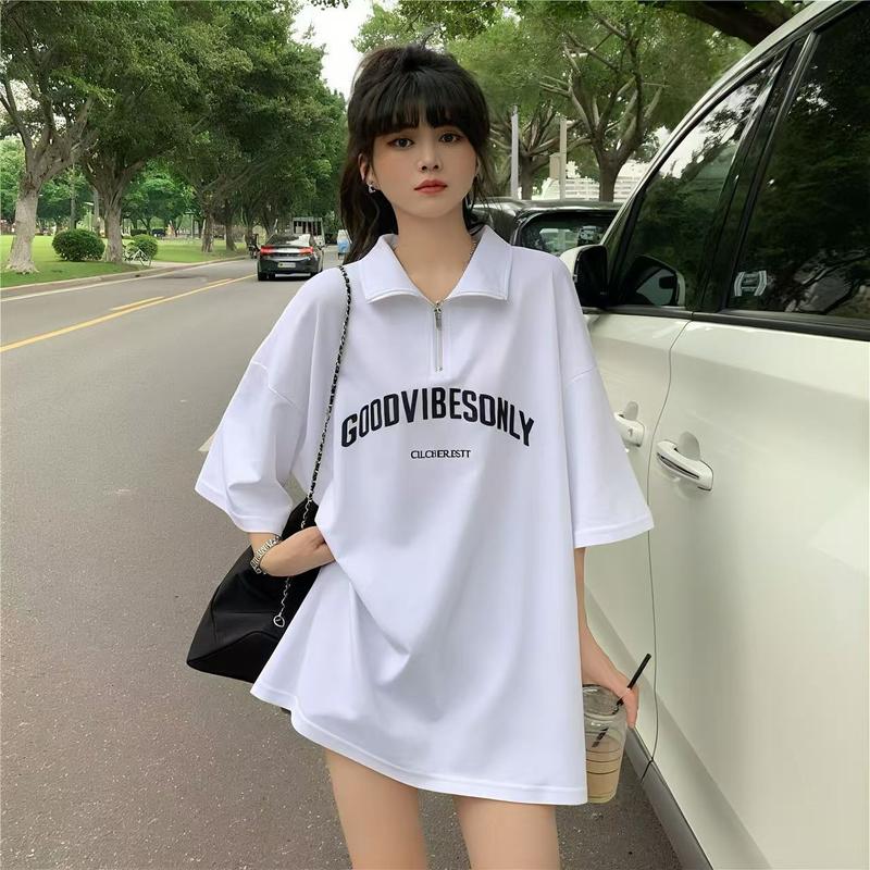 Product Introduction of aililai1688 เสื้อยืด คอปก แขนสั้น ผู้หญิง มี 2 สี ดำ / ขาว เนื้อผ้าดีลายสกรีนแต่งด้วยซิป น่ารักมาก 6