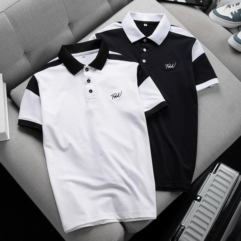 Áo thun polo nam phối màu trắng đen thời trang, chất vải cá sấu thoáng mát Menswear Có Cổ Ngắn Tay