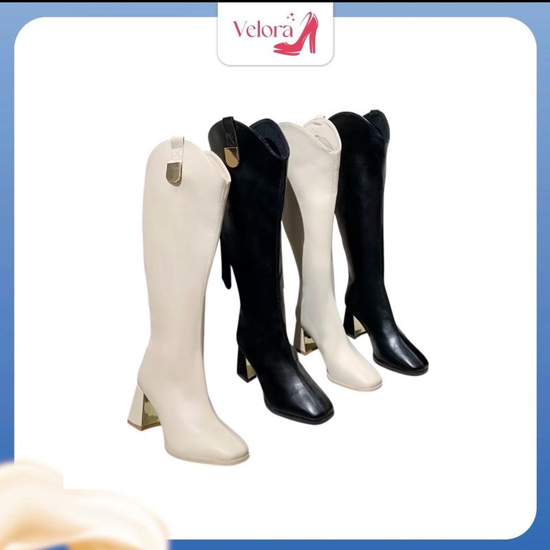 BOOT NỮ CỔ V DƯỚI GỐI GÓT CAO 8 CM HÀNG QUẢNG CHÂU Shoes GiàY Bốt Cổ Cao thỏ giày giày thể Len Jean giay bot bố t