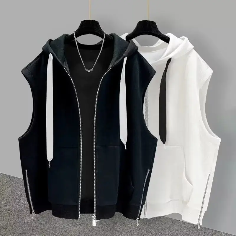 Áo Vest Có Mũ Phong Cách Hồng Kông, Dành Cho Nam Giới, Có Thể Mặc Ngoài Trời, Đẹp Trai Và Hợp Xu hướng, Thiết Kế Xẻ Khóa Kéo, Không Tay, Dáng Rộng Vừa Vặn, Dễ Phối Đồ Menswear Màu Đen