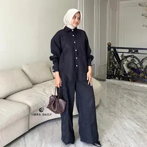 Set Kemeja Iranandha Outfit Set Oversize Salur Striped Setelan Kemeja Wanita Oversize Semiwool Katun Emradaily