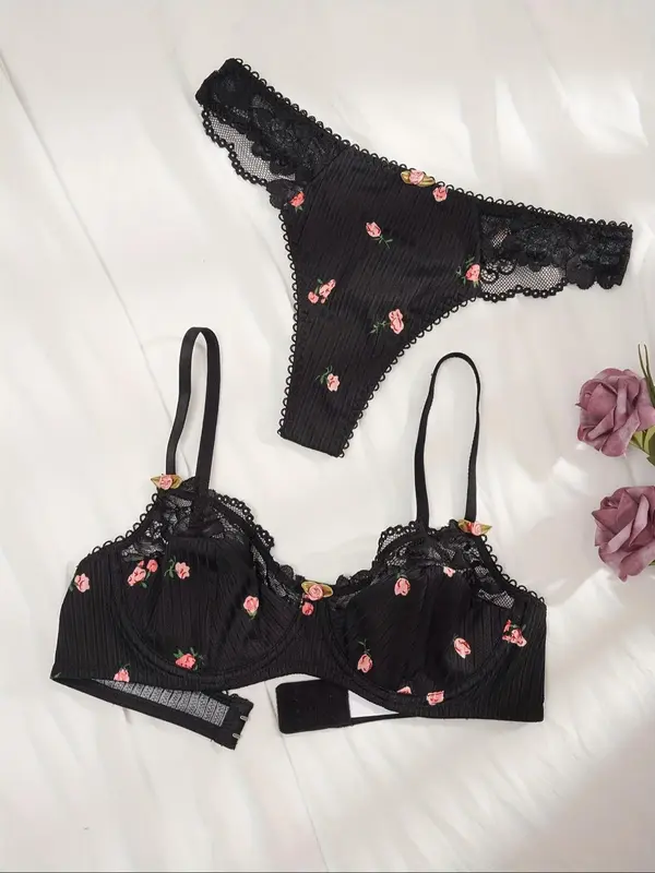 Women's Ditsy Floral Print Contrast Lace Bra & Panty Set, Floral Decor Adjustable Strap Bra & Knicker, Summer Wear 2024, Summer Clothes Women, Ladies Lingerie Set Valentine's Day, Underwear for Women 8