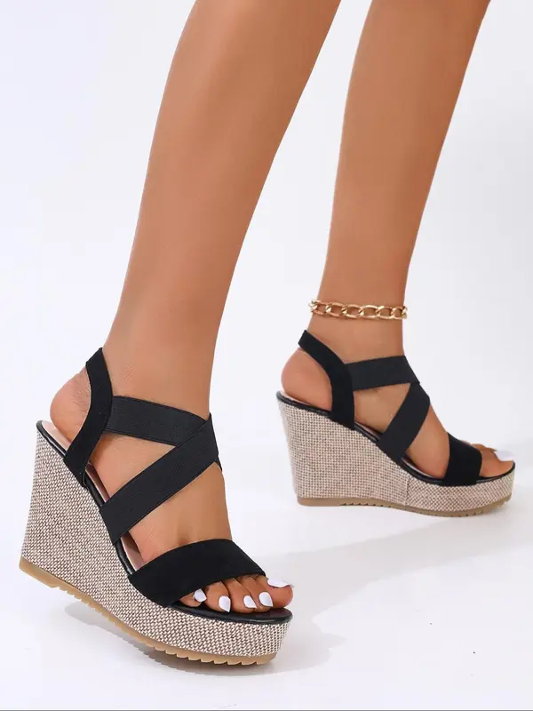 Women's Fashionable Criss Cross Strap Belted Wedge Sandals, Elegant Open Toe Sandals for Daily Wear, Lightweight Breathable Comfortable Shoes for Women & Girls 2