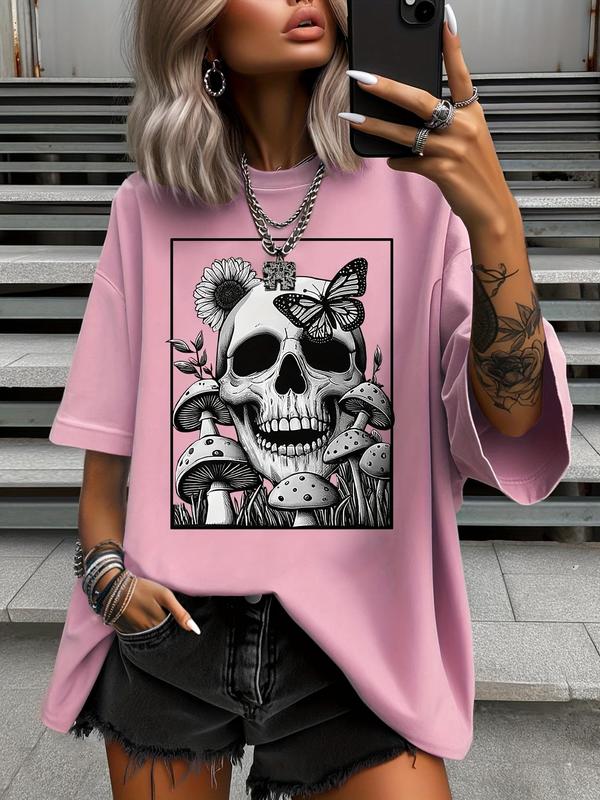 【Plus Size】butterfly & Skull & Sunflower & Mushroom Print Round Neck Tee, Loser Core Outfits Casual Drop Shoulder Half Sleeve T-shirt for Summer, Graphic Tees, Halloween Women's Plus Clothing for Daily Wear, Tops 5