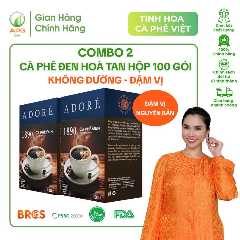  Combo 2 Hộp Cà Phê Đen Hoà Tan ADORÉ 1890 Cà Phê Đen Không Đường Đậm Vị Giúp Tỉnh Táo Hộp 100 Gói  100 Gói x 2g  