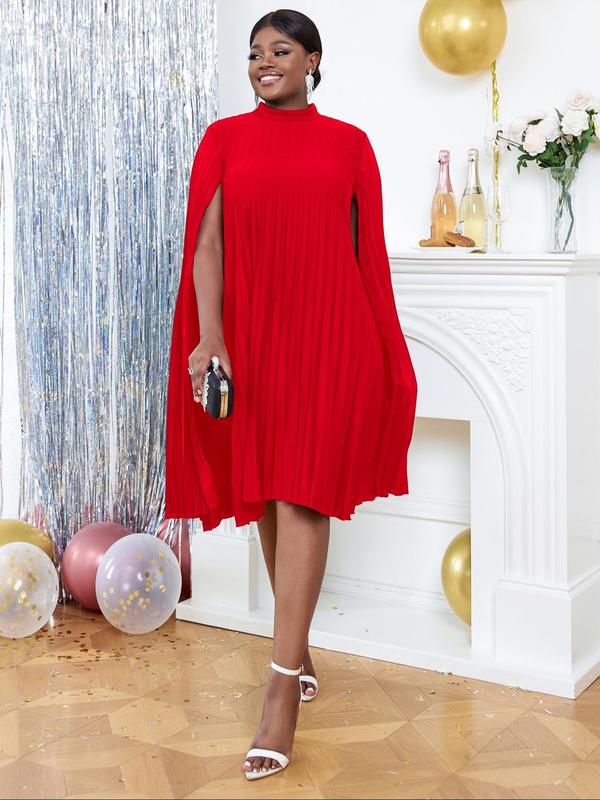 Plus Size Solid Color Cloak Sleeve Pleated Dress, Plus Elegant Keyhole Neckline Knee Length Dress for Party Holiday Wedding Guest, Women's Plus Clothes for All Seasons 4