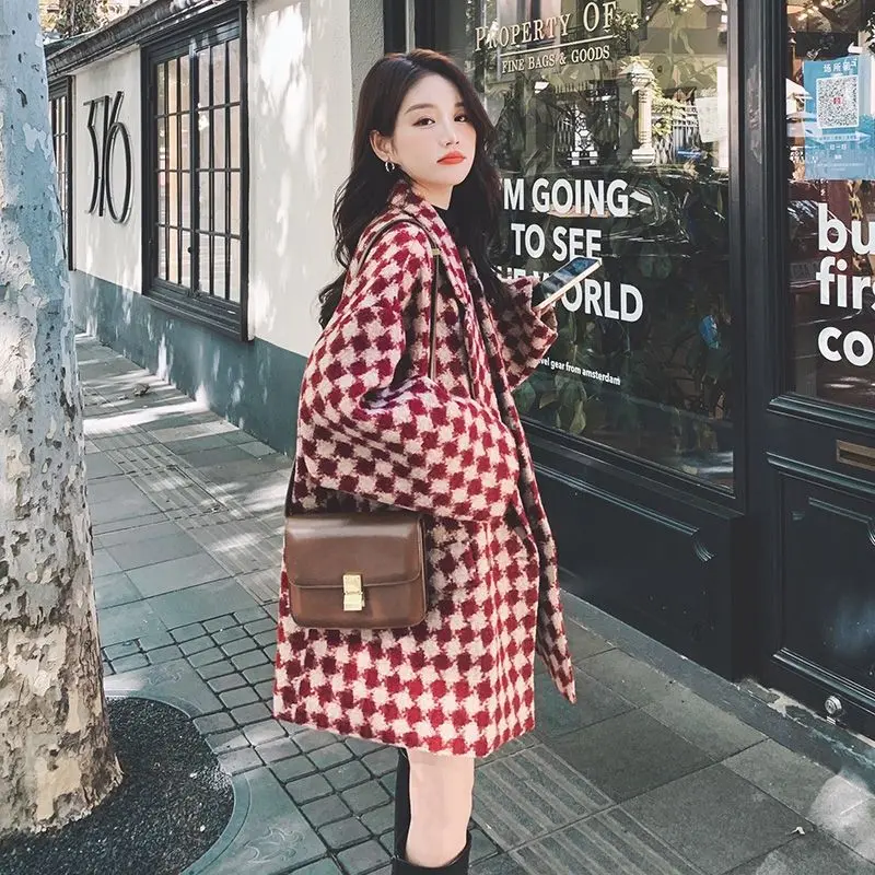 Áo Khoác Len, Phong Cách Anh Quốc Cổ Điển Chần Bông, Thiết Kế Lưới Màu Đỏ, Dành Cho Nữ, Hàng Mới Về Mùa Thu Và Mùa Đông, Phong Cách Hàn Quốc, Dáng Rộng Vừa Vặn, Áo Khoác Len Thường Ngày 6