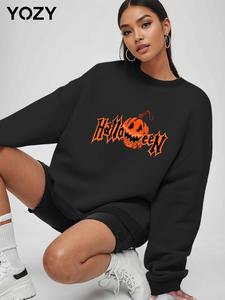 YOZY Women's Halloween Pumpkin & Letter Print Drop Shoulder Sweatshirt, Casual Long Sleeve Round Neck Pullover for Daily Wear, Ladies Fall & Winter Clothes