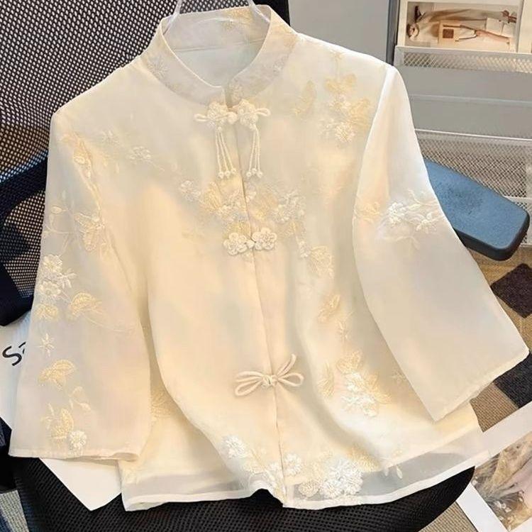 Product Introduction of D71560# Womens Tops Embroidery Short Sleeve Improved Cheongsam Elegant Summer New Arrival Tops For Women 0
