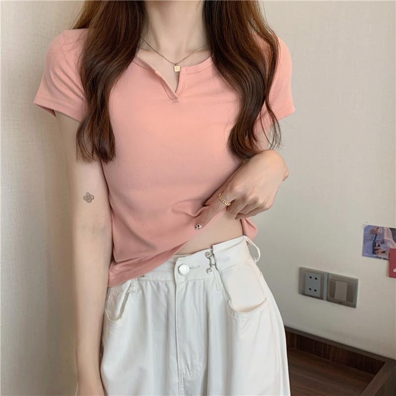 Product Introduction of Summer slim fit crop top spicy girl outfit T-shirt short sleeved plain color, comfortable and breathable, paired with jeans 8