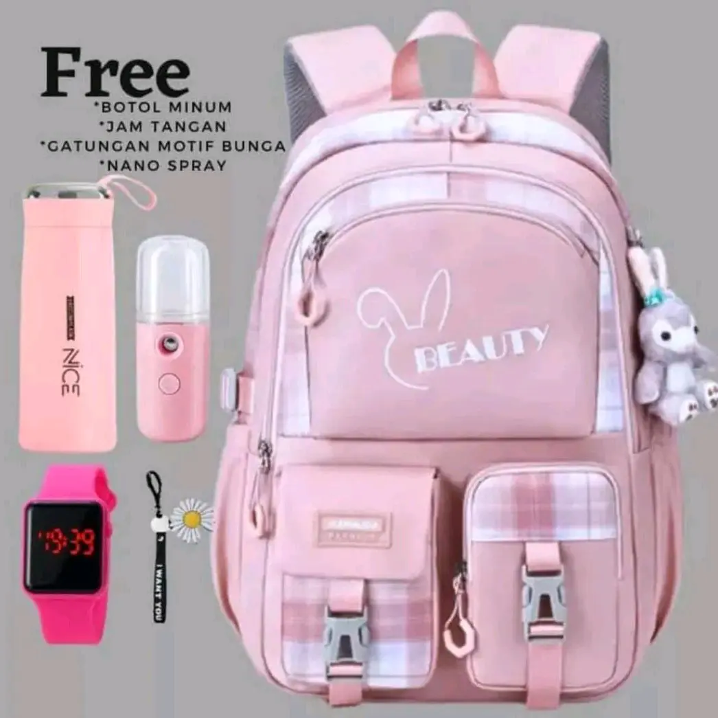 Tas Ransel Anak Sekolah Remaja SD SMP Model Beauty Free Botol minum kaca jam tangan nano spray dan gantungan tas bunga Tas Ransel