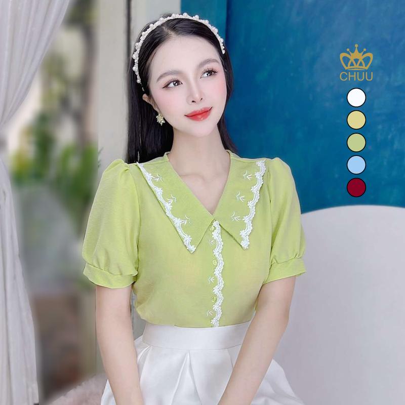 Áo sơ mi vintage tay phồng cổ thêu hoa lá  CHUU A1688