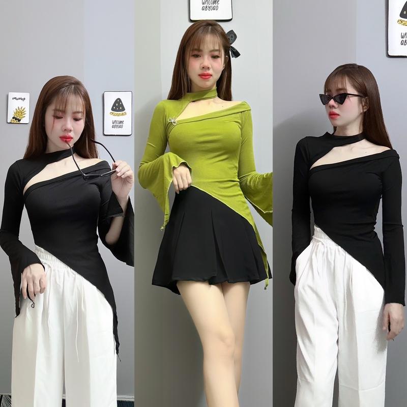 Áo tay dài kiểu Xẻ Vai crtop phong cách cho Nữ thun tăm co dãn tốt 0