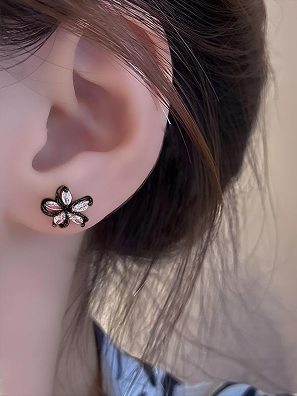 1 Pair Minimalist Elegant Rhinestone Decor Flower Shaped Design Stud Earrings, Fashion Jewelry For Women 7