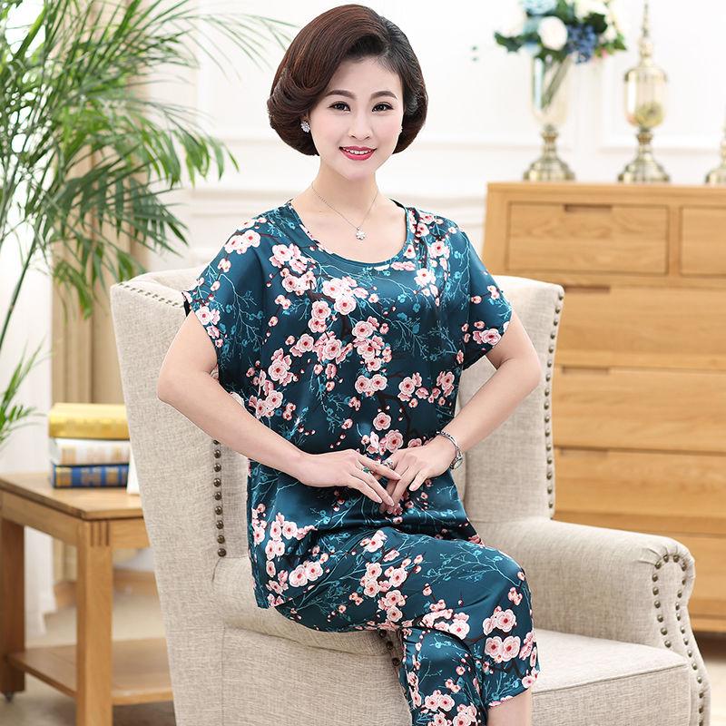 Đồ Ngủ Cho Mẹ TRUNG NIÊN, Đồ Mặc Nhà Mùa Hè, Chất Liệu Lụa Nhân Tạo, ngắn Tay, Dáng Rộng Vừa Vặn, Ngoại Cỡ, Thích Hợp Cho Phụ Nữ Trung Người Già Và Cao Tuổi, Làm Bằng Lụa Lạnh 8
