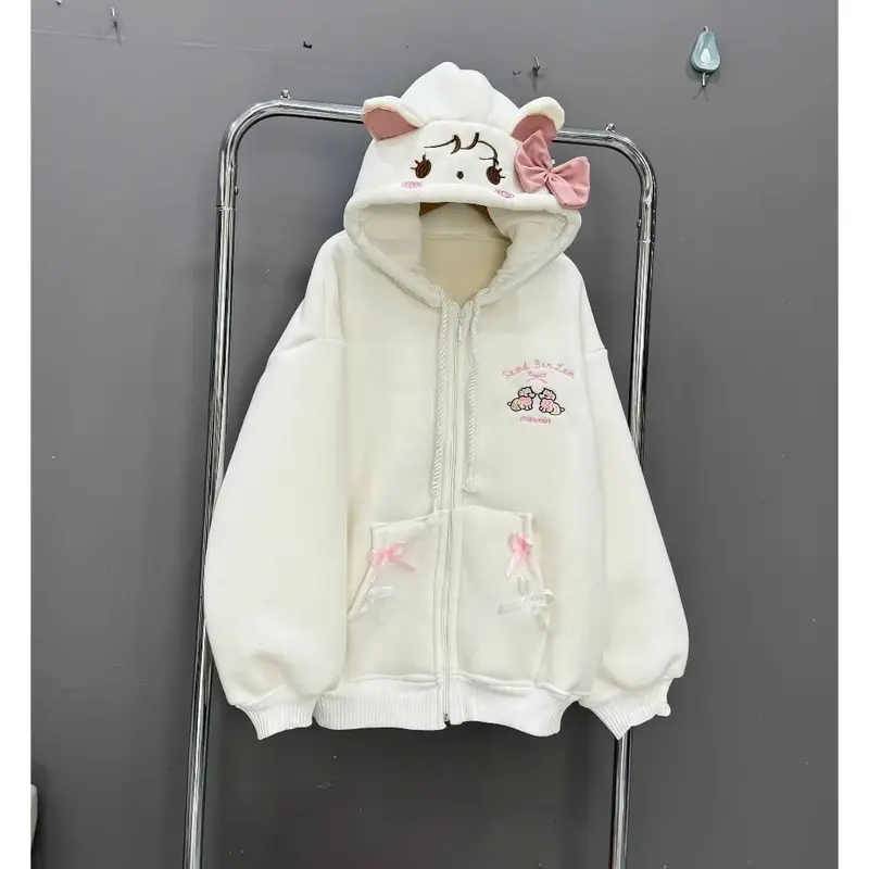 Áo khoác nỉ  hoodie zip nữ hoạ tiết  cún nổi bật mũ phối tai   kem nơ cực xinh Top Womentop 2025 0