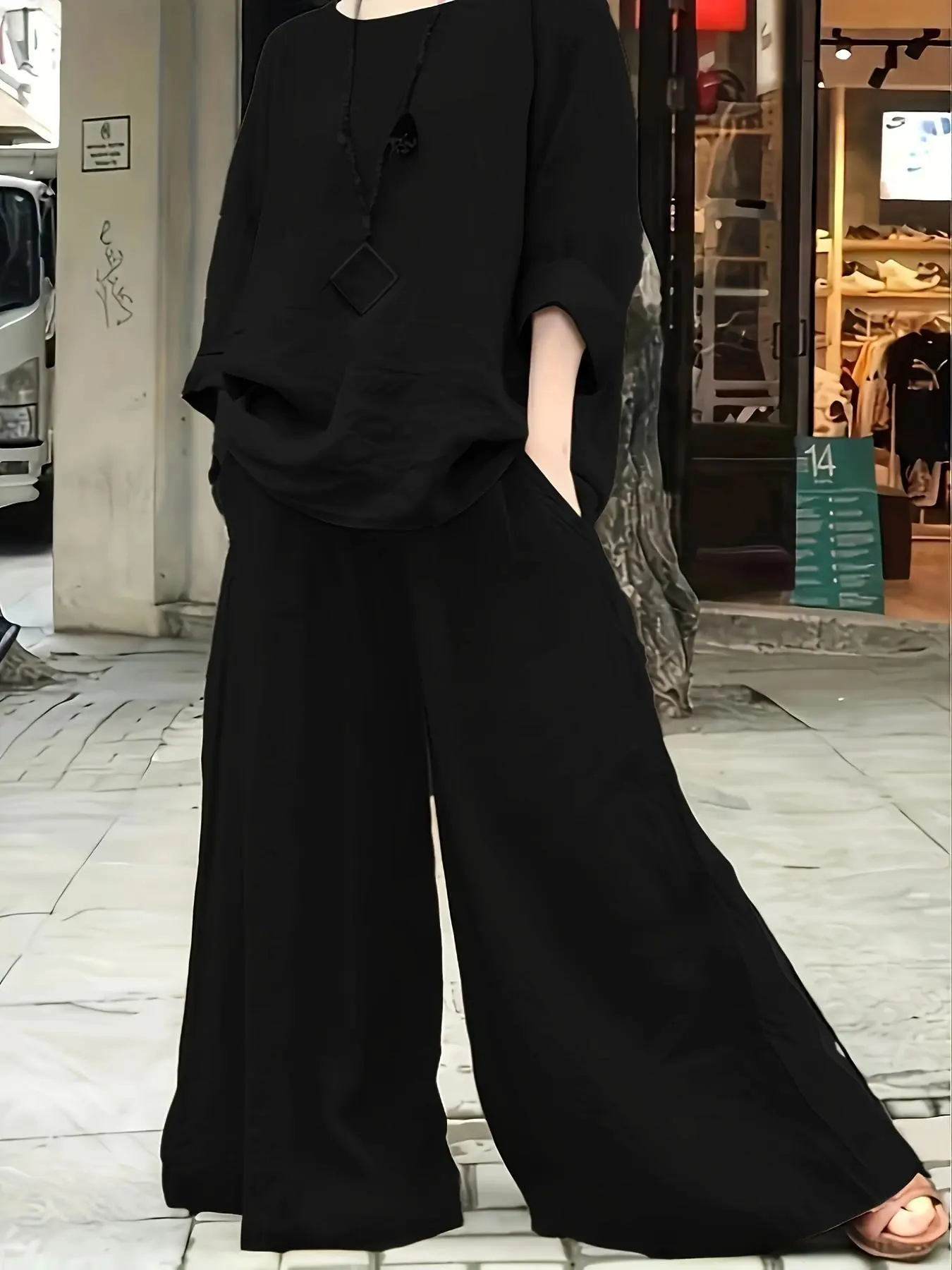 Women's Solid Drop Shoulder Top & Elastic Waist Pants Two-piece Set, Casual Fashion Cozy Long Sleeve Top & Pocket Trousers for Daily Outdoor Wear, Women's Clothing for Spring & Fall