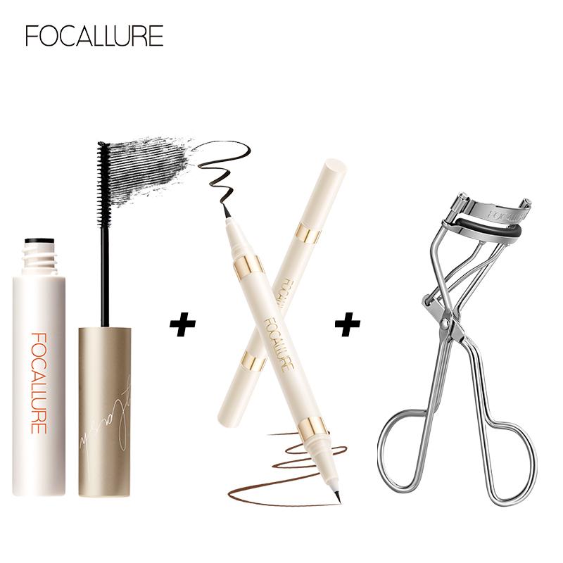 FOCALLURE Bộ ba sản phẩm kẻ mắt nước 2 đầu + mascara mảnh màu đen + dụng cụ bấm mi trang điểm mắt