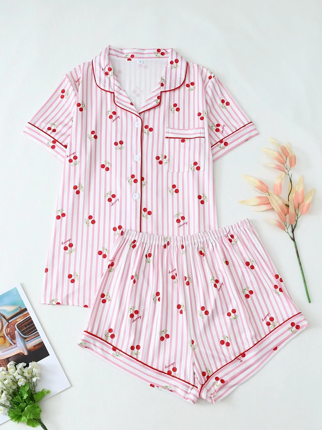 Women's Cherry Print Shirt & Shorts Pyjama Two-piece Set, Casual Comfy Short Sleeve Top & Shorts Set, Ladies Sleepwear for All Seasons