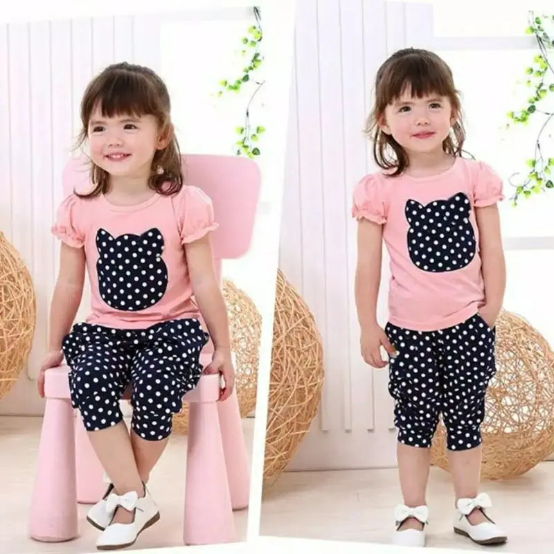 Setelan anak perempuan/celana 3/8/setelana anak katun/setelan anak kaos Baju Bear Lengan pendek 0