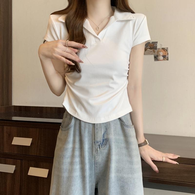 Product Introduction of 106 # Real Shot Real Price 40s Pure Cotton 210g (92% Cotton/8% Spandex) Polo Collar Waist-Cinching Short Sleeve T-Shirt for Women Top Womenswear 7
