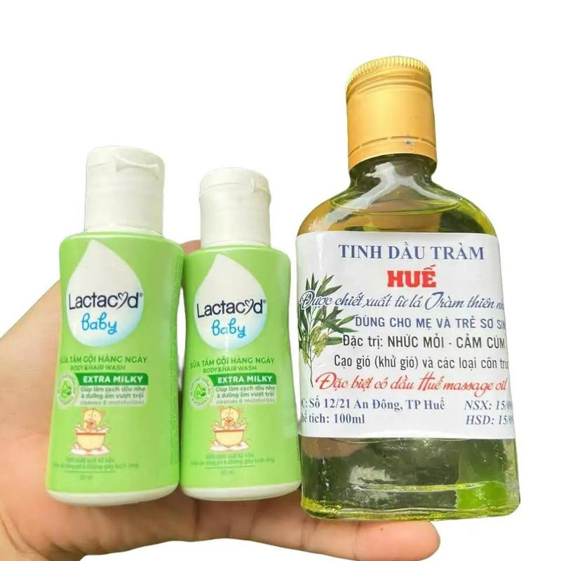 Combo 3 Món cho trẻ em: Gồm 2 Chai sữa tắm gội Lactacy 60ml+ 1 Chai dầu tràm vuông 100ml