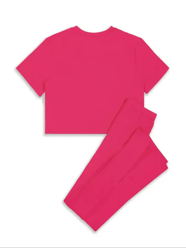 Two-piece Set Women's Solid Color Round Neck Tee & Split Hem Pants, Casual Fitted Fashion Cozy Shortsleeve Top & Elastic Waist Trousers for Daily Outdoor Wear, Ladies Clothes for All Seasons, Womenswear, Matching Clothing Set, Casual Outfit Set 4
