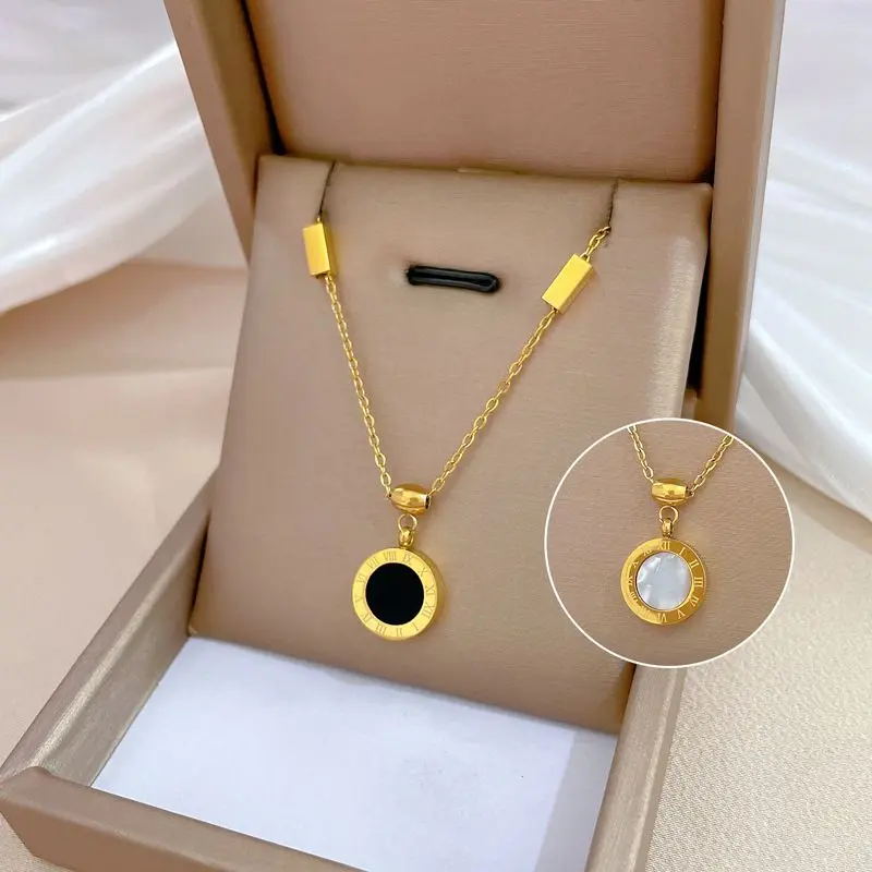 Kalung Titanium Liontin Bulat Putih/Hitam Romawi Super Mewah Anti Karat Dan Luntur Emas 0