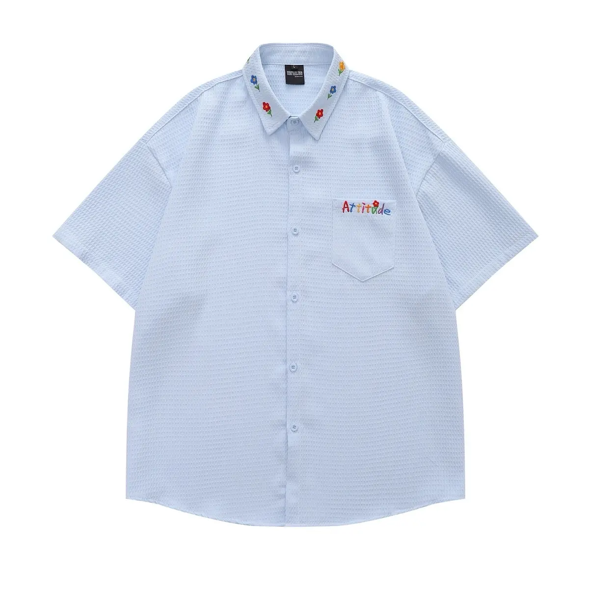 Áo sơ mi Mentiz form rộng thêu hoa tay ngắn Xanh & Trắng phối túi/Wide fit