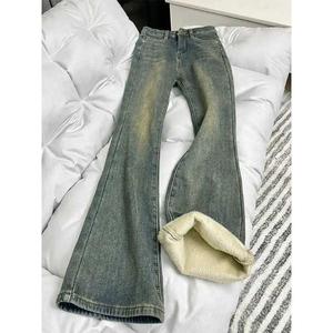 กางเกงยีนส์ฤดูหนาวสำหรับผู้หญิง, สีฟ้าย้อนยุค, ซับในผ้าฟลีซ, หนา, เอวสูง, สลิมมิ่ง, ทันสมัย, อเนกประสงค์, กางเกงเกือกม้าไมโคร, 2024 มาใหม่