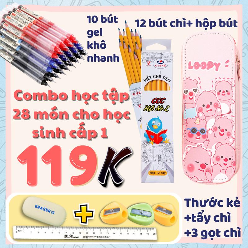  Combo 28 món dụng cụ học tập cho học sinh tiểu học trung học - Bút gel bút chì tẩy gọt - Giá 119k 