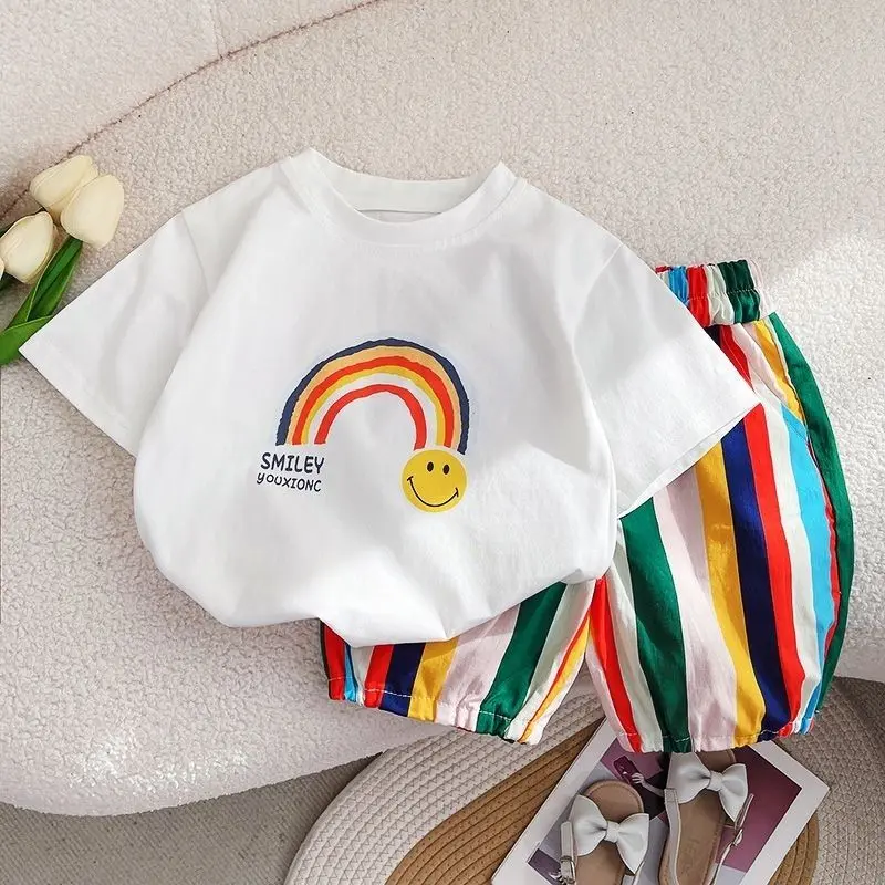 Bộ Đồ Hai Mảnh Cho Bé Trai Và Bé Gái, Áo Ngắn Tay Hàn Quốc In Hình, Quần Ba Phần Tư, Sành Điệu, Bộ Váy Mùa Hè Cho Trẻ Em, Mới Năm 2024