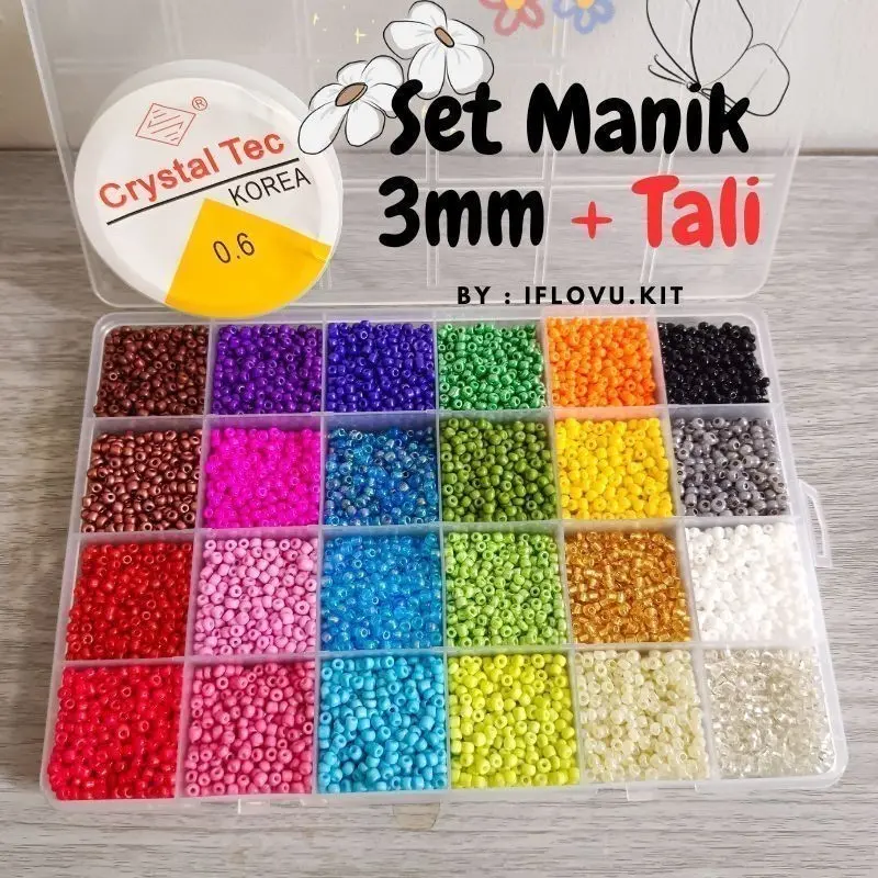 Manik Manik Set Box Free tali Senar Elastis | Set Manik Manik Pasir Lengkap 24 Warna DIY Meronce Cincin Gelang Manik Lucu Korea Aesthetic  Edukasi Anak Anak - BONUS Tali Elastis + Tali Giok 3 Meter Termurah Plastik