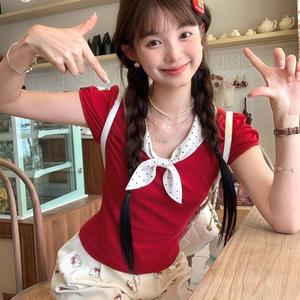 Áo thun nữ tay ngắn họa tiết chấm bi nơ phong cách hot girl, mẫu mới mùa hè, dáng ôm, tay phồng ngắn