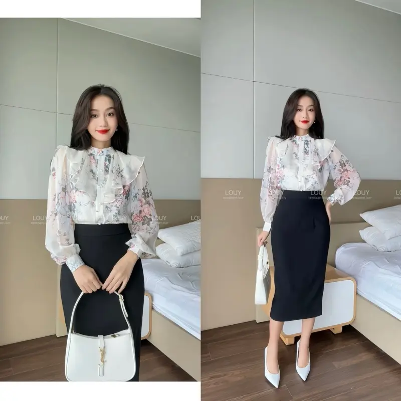 Áo sơ mi tơ hoa 3D cổ bèo cúc ngọc trai cao cấp