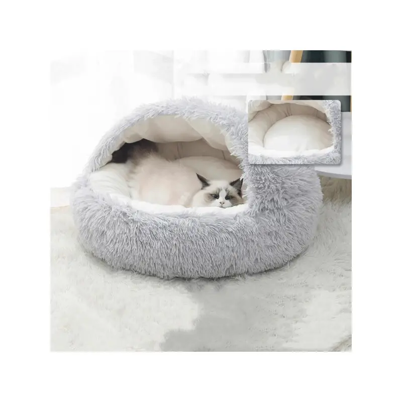 1pc Pet Bed With Hood, Plush Cozy Bed For Cats And Small Dogs, Warm Comfortable Anti-Anxiety Donut Shape Pet Bed, Suitable For Medium And Small Pets 0