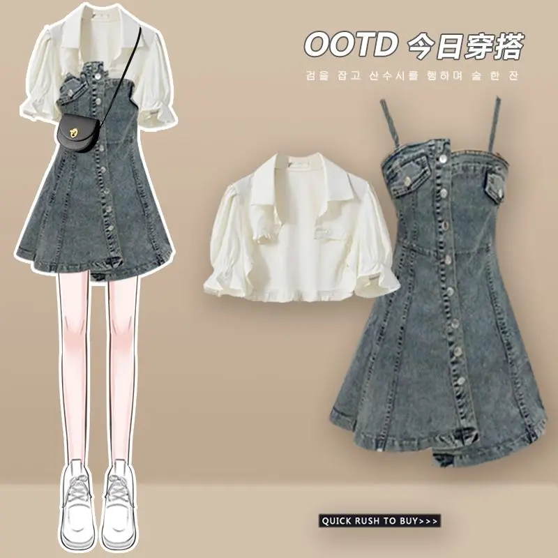 Bộ Hai Mảnh Nữ Mùa Hè, Hàng Mới Về, Thiết Kế Đẹp, Áo Sơ Mi Ngắn Tay, Váy Hai Dây Denim