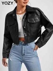 YOZY Women's Solid Button Front Pocket Drop Shoulder PU Jacket, Fashion Casual Long Sleeve Collared Outerwear for Daily Outdoor Wear, Fall Clothing Women, Women Clothing for Fall